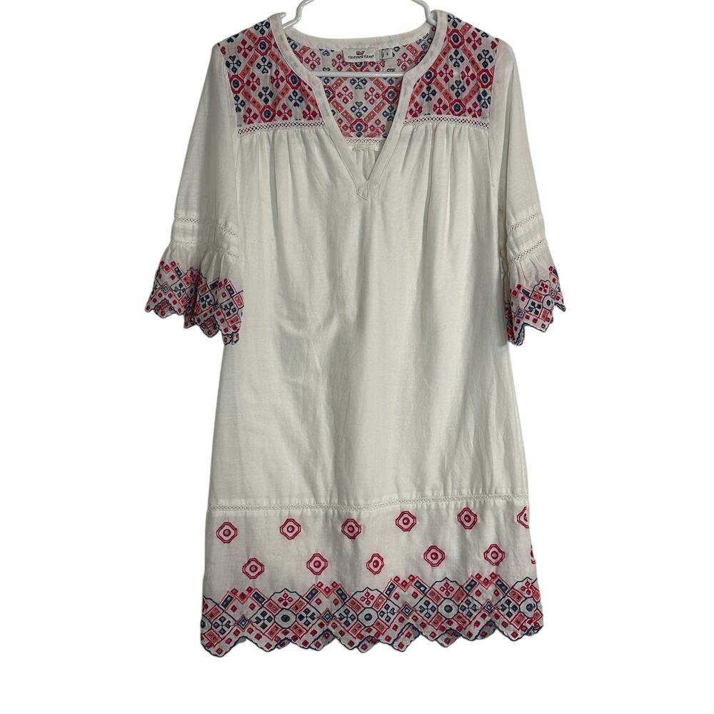 Vineyard Vines Dress Womens 8 White with Multicolor Embroidered V-Neck Tunic